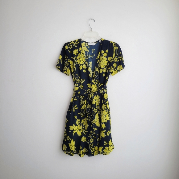 A.L.C. Dresses & Skirts - A.L.C. Silk Navy and Yellow Floral Mini Belted Wrap Summer Brunch Dress